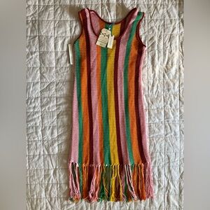 NWT FARM Rio Vibrant Multicolor Stripe Crochet Knit Midi Fringe Dress Boho-Large
